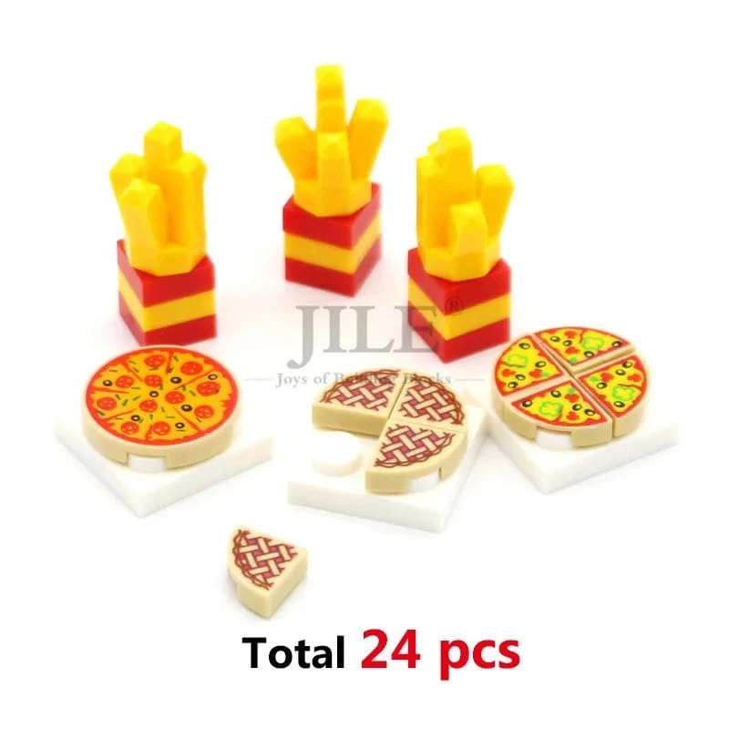 Stadt Mini Lebensmittel Bausteine ​​Hamburger Pizza Pommes Kuchen Dessert Schokolade Cookies MOC Ziegel Kunststoff Montieren Teil Figuren Spielzeug