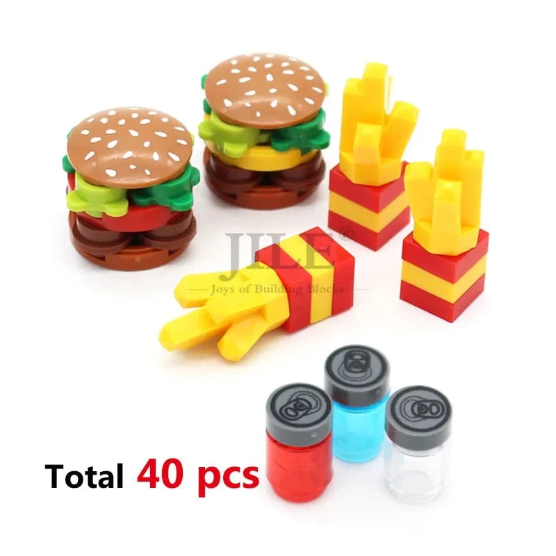 Stadt Mini Lebensmittel Bausteine ​​Hamburger Pizza Pommes Kuchen Dessert Schokolade Cookies MOC Ziegel Kunststoff Montieren Teil Figuren Spielzeug