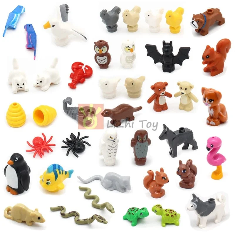 MOC Tier Figur Ziegel Bausteine ​​Pet Zoo Hund Pinguin Katze Clown Fisch Vogel Bär Fledermaus Eichhörnchen Eule DIY Modell Spielzeug Mädchen Kinder