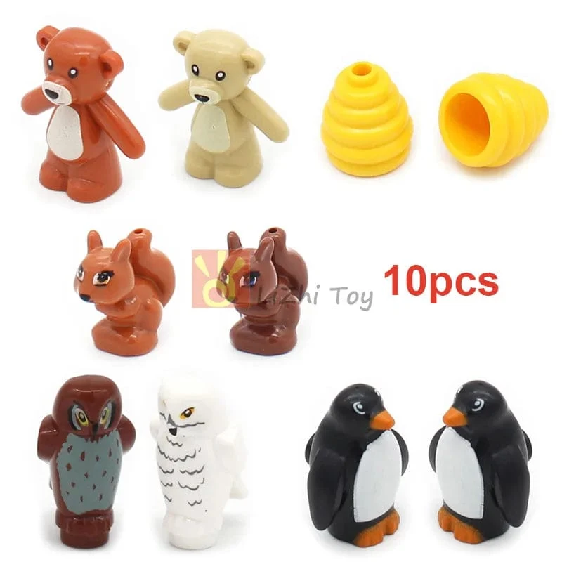 MOC Tier Figur Ziegel Bausteine ​​Pet Zoo Hund Pinguin Katze Clown Fisch Vogel Bär Fledermaus Eichhörnchen Eule DIY Modell Spielzeug Mädchen Kinder