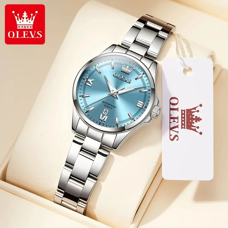 OLEVS 3668 Damenuhr Original Mode Wasserdicht Leuchtend Edelstahl Quarzuhr Automatisches Datum Damenuhren Box