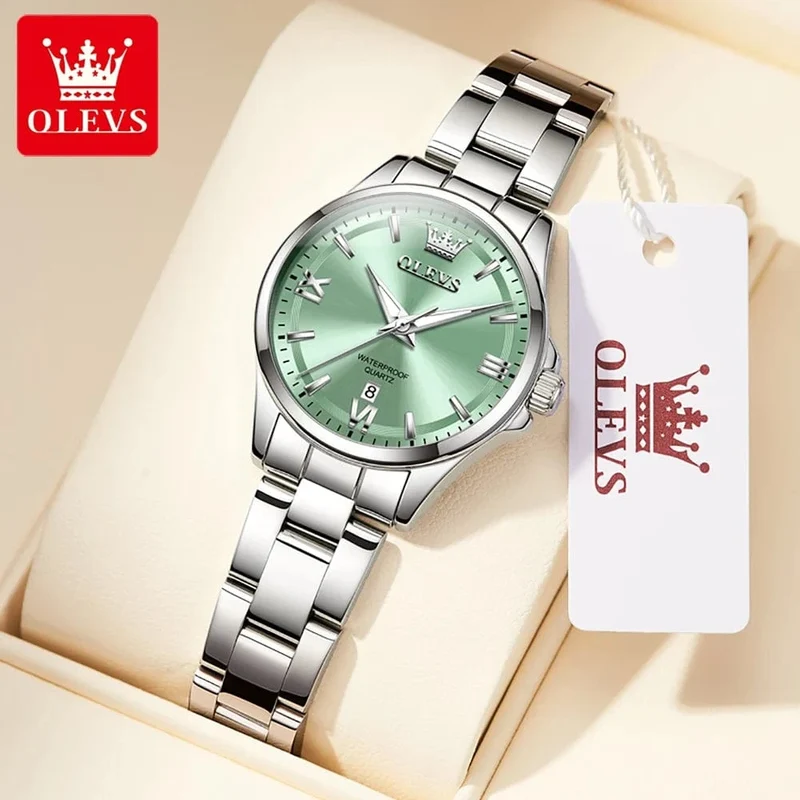 OLEVS 3668 Damenuhr Original Mode Wasserdicht Leuchtend Edelstahl Quarzuhr Automatisches Datum Damenuhren Box