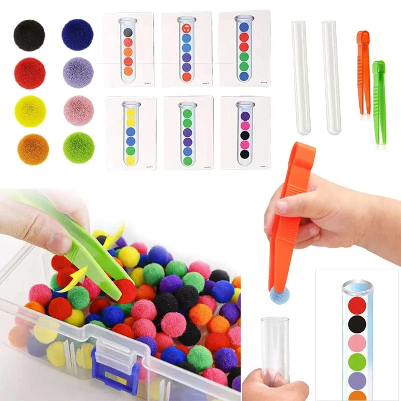 54-109-teiliges Feinmotorik-Sortierset für Kinder, Lernspielzeug, Reagenzglas, Pompons, Pinzette, Farbabstimmungskarte, Montessori-Geschenke für Kinder
