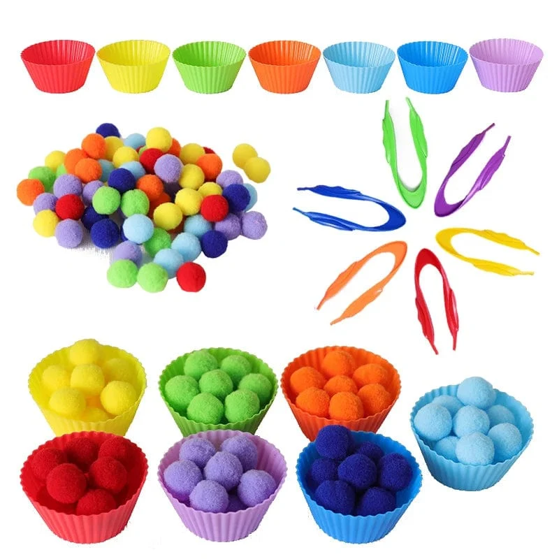 78-teiliges Regenbogen-Zähl-Pompons-Set, farblich passende Montessori-Sensory-Spielzeug, Feinmotorik-Lernen, Kleinkinder, Kinderspiele