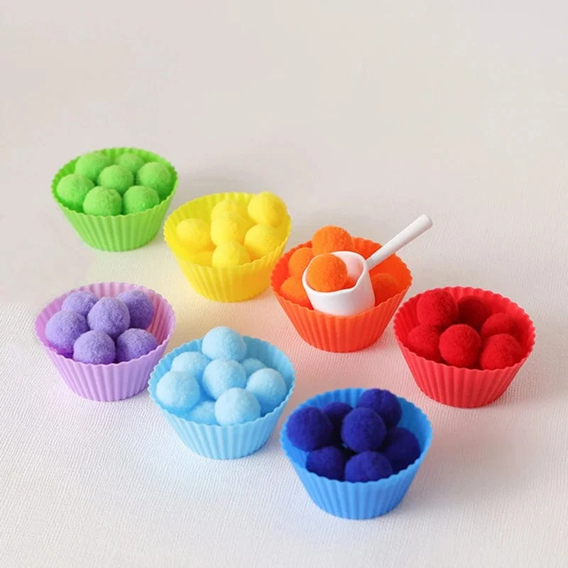 78-teiliges Regenbogen-Zähl-Pompons-Set, farblich passende Montessori-Sensory-Spielzeug, Feinmotorik-Lernen, Kleinkinder, Kinderspiele