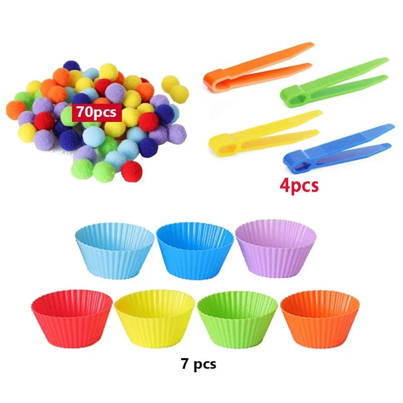 78-teiliges Regenbogen-Zähl-Pompons-Set, farblich passende Montessori-Sensory-Spielzeug, Feinmotorik-Lernen, Kleinkinder, Kinderspiele