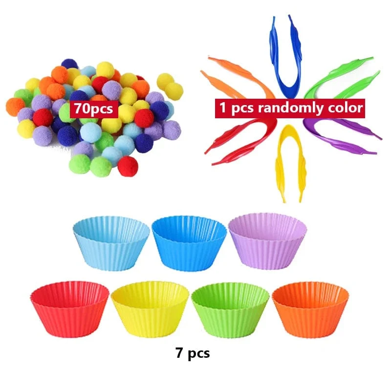 78-teiliges Regenbogen-Zähl-Pompons-Set, farblich passende Montessori-Sensory-Spielzeug, Feinmotorik-Lernen, Kleinkinder, Kinderspiele