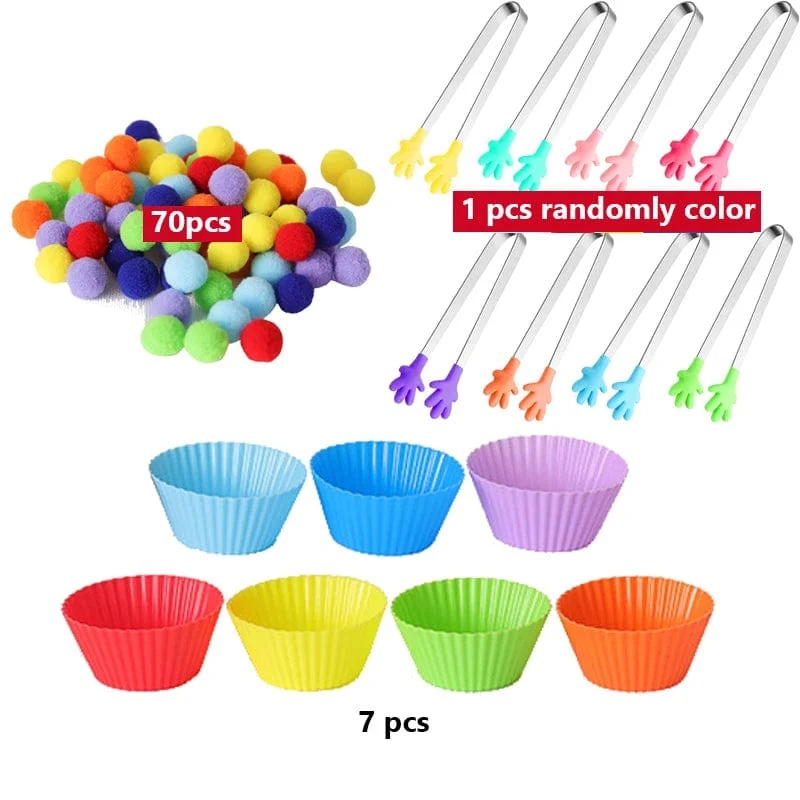 78-teiliges Regenbogen-Zähl-Pompons-Set, farblich passende Montessori-Sensory-Spielzeug, Feinmotorik-Lernen, Kleinkinder, Kinderspiele