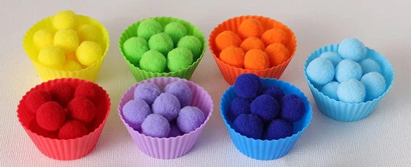 78-teiliges Regenbogen-Zähl-Pompons-Set, farblich passende Montessori-Sensory-Spielzeug, Feinmotorik-Lernen, Kleinkinder, Kinderspiele