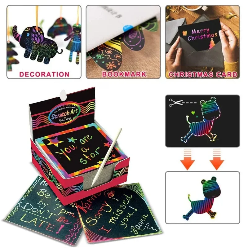 100 Stücke Magische Farbe Regenbogen Scratch Mini Notizen Papier Pad Karten Mit Stift Kinder Kinder Zeichnen Malen Spielzeug Handwerk Geschenk DIY Spielzeug