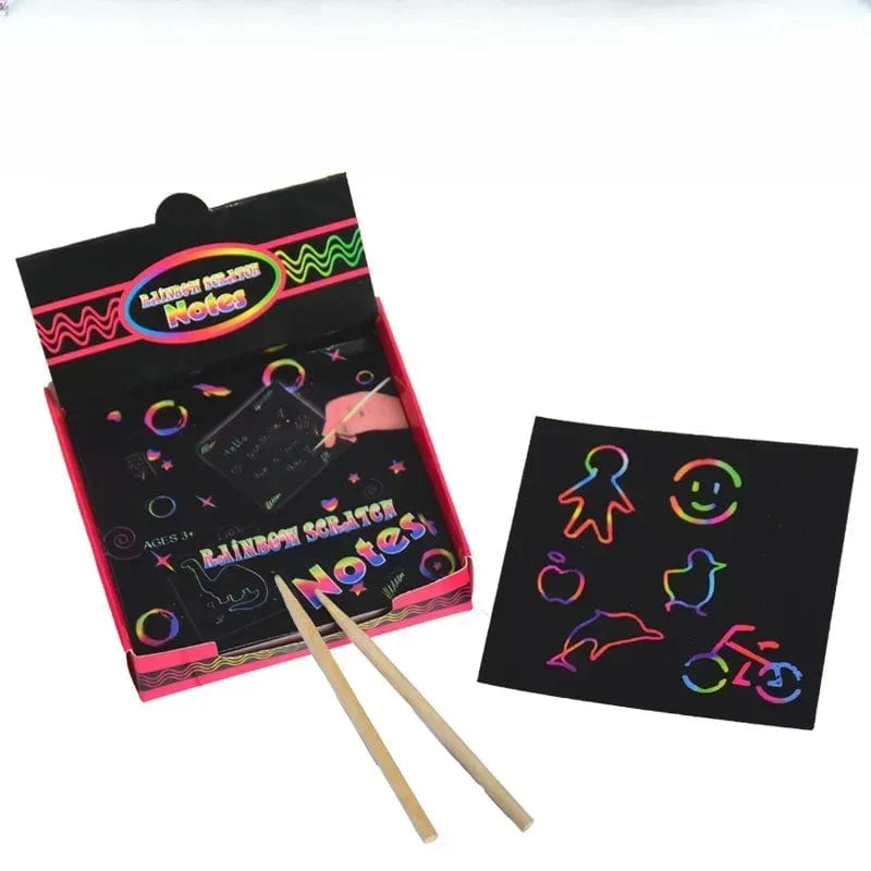 100 Stücke Magische Farbe Regenbogen Scratch Mini Notizen Papier Pad Karten Mit Stift Kinder Kinder Zeichnen Malen Spielzeug Handwerk Geschenk DIY Spielzeug