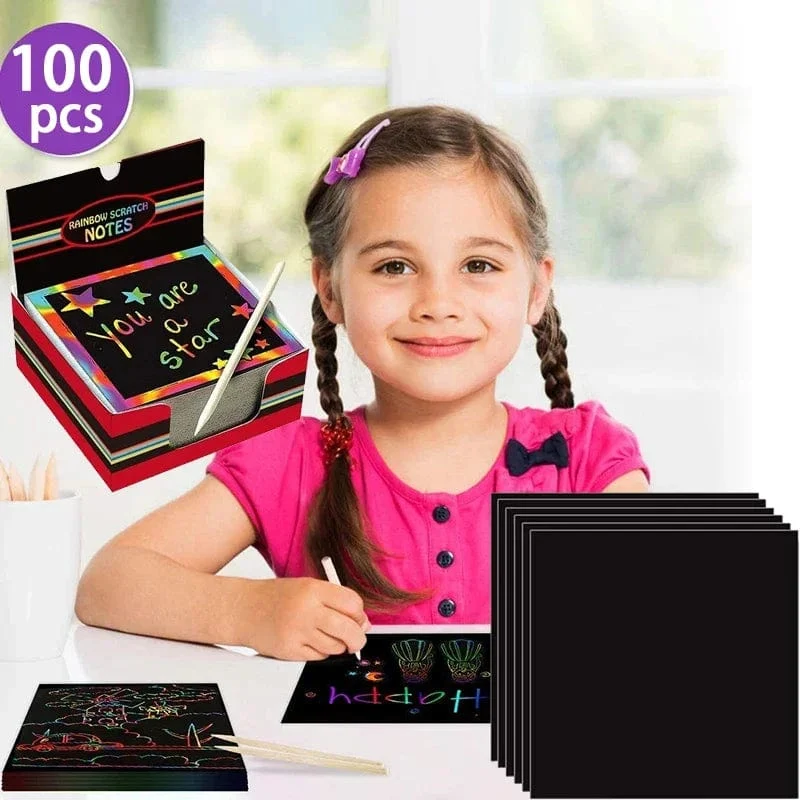 100 Stücke Magische Farbe Regenbogen Scratch Mini Notizen Papier Pad Karten Mit Stift Kinder Kinder Zeichnen Malen Spielzeug Handwerk Geschenk DIY Spielzeug