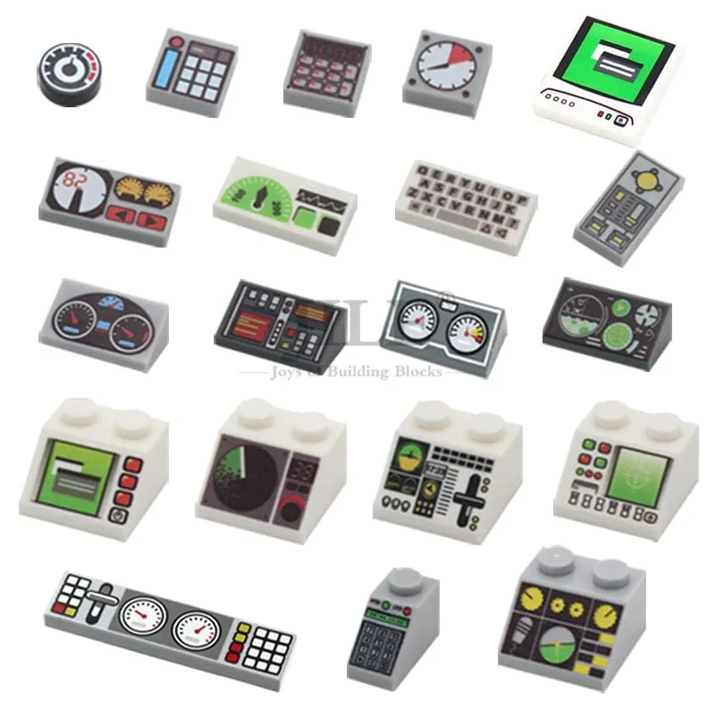 50 stücke MOC Stadt Ziegel Fliesen Hang Messgeräte Steuert Zentrum Radar Bildschirm Tastatur Muster Gedruckt Bausteine ​​Kit Instrument Spielzeug