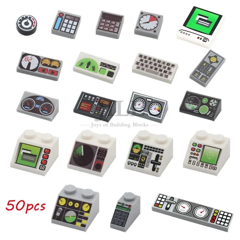 50 stücke MOC Stadt Ziegel Fliesen Hang Messgeräte Steuert Zentrum Radar Bildschirm Tastatur Muster Gedruckt Bausteine ​​Kit Instrument Spielzeug