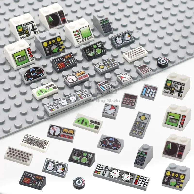 50 stücke MOC Stadt Ziegel Fliesen Hang Messgeräte Steuert Zentrum Radar Bildschirm Tastatur Muster Gedruckt Bausteine ​​Kit Instrument Spielzeug