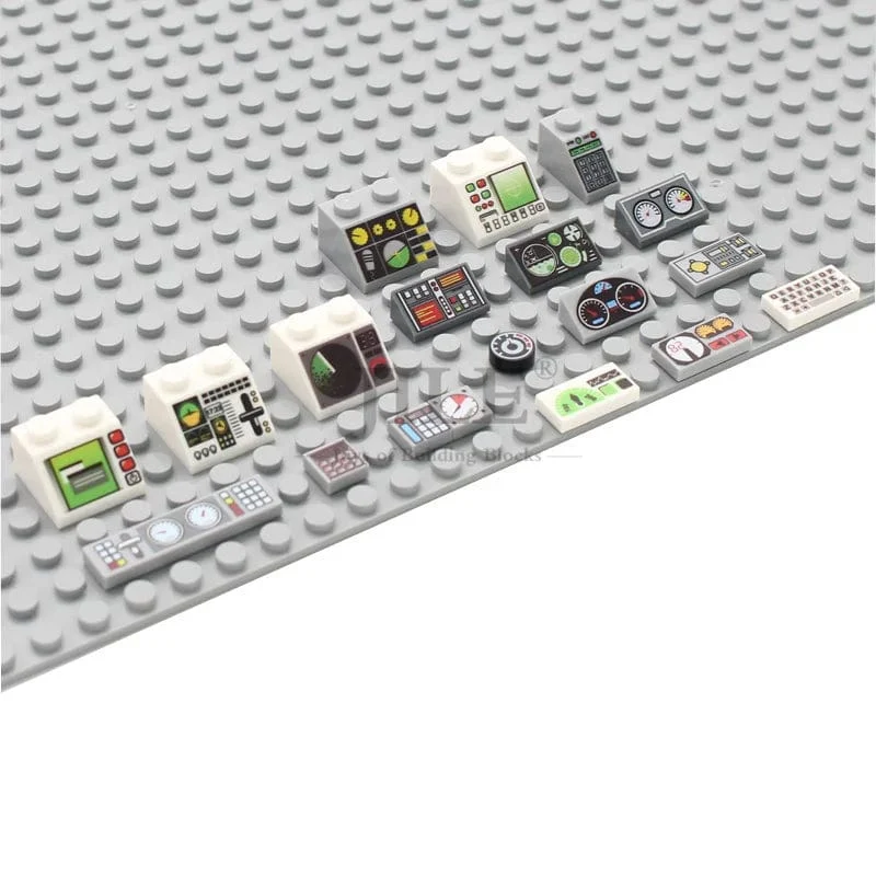 50 stücke MOC Stadt Ziegel Fliesen Hang Messgeräte Steuert Zentrum Radar Bildschirm Tastatur Muster Gedruckt Bausteine ​​Kit Instrument Spielzeug