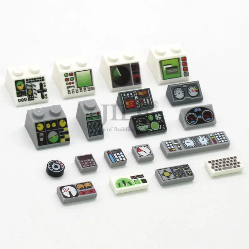 50 stücke MOC Stadt Ziegel Fliesen Hang Messgeräte Steuert Zentrum Radar Bildschirm Tastatur Muster Gedruckt Bausteine ​​Kit Instrument Spielzeug