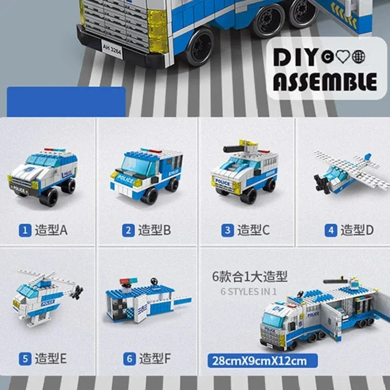 6in1 Stadt Polizei Auto Feuerwehr Engineering Motor Mini Loader Truck Klassische Modell Bausteine ​​Sets Ziegel Spielzeug Weihnachtsgeschenk