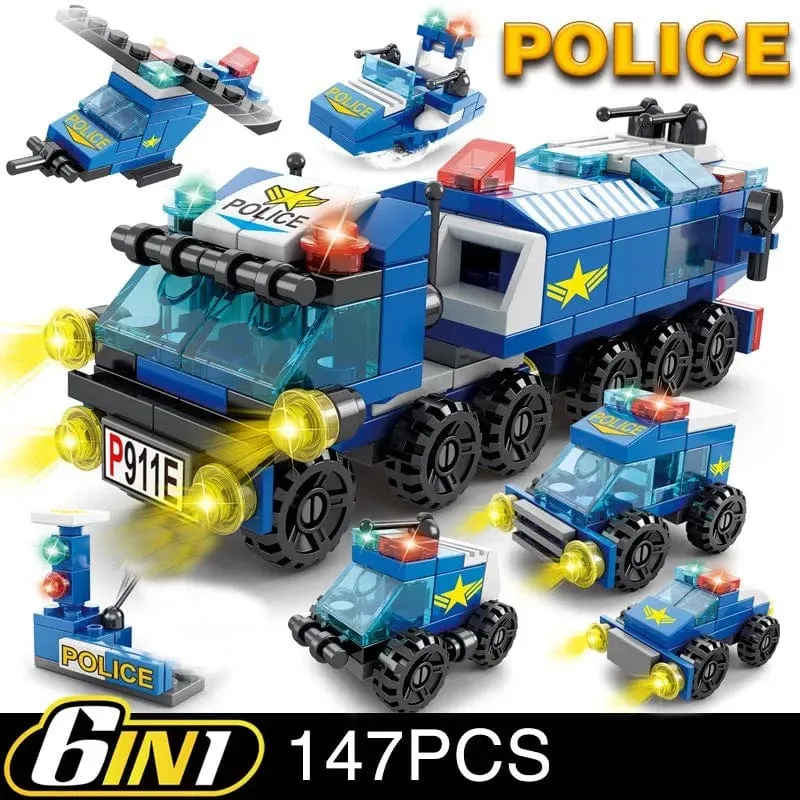 6in1 Stadt Polizei Auto Feuerwehr Engineering Motor Mini Loader Truck Klassische Modell Bausteine ​​Sets Ziegel Spielzeug Weihnachtsgeschenk