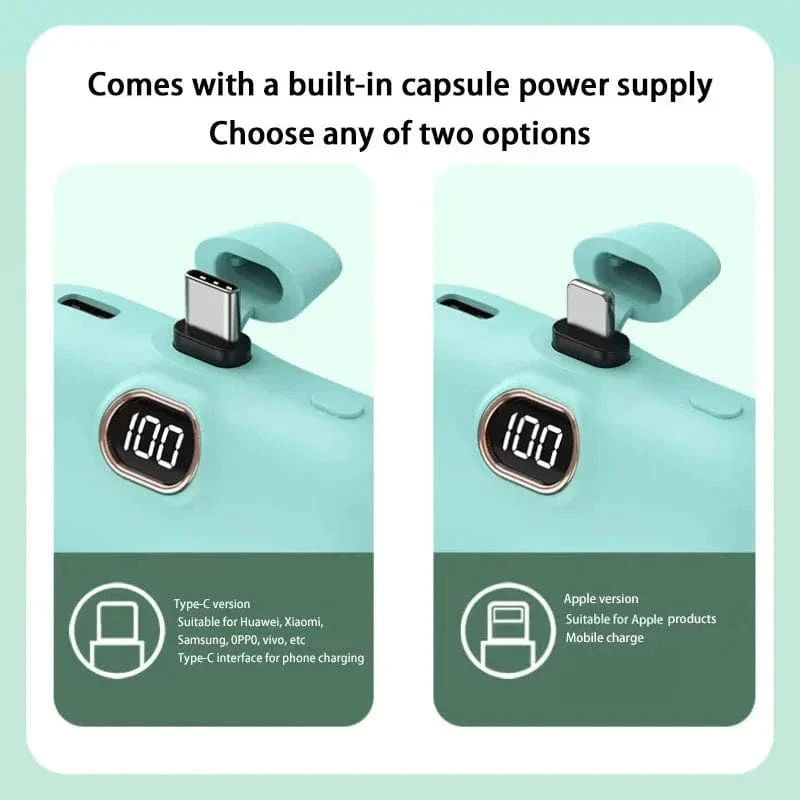 Mini-Powerbank 2000/5000 mAh Eingebautes Kabel Tragbares mobiles Ladegerät Schnellladegerät Ersatzakku Kapsel Powerbank für iPhone Typ-C