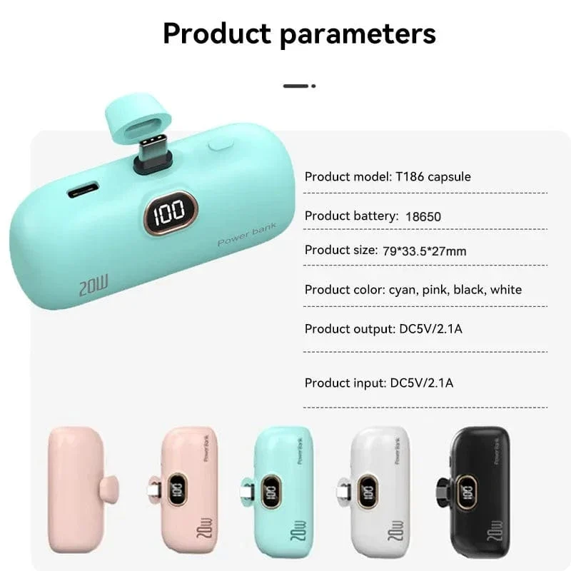 Mini-Powerbank 2000/5000 mAh Eingebautes Kabel Tragbares mobiles Ladegerät Schnellladegerät Ersatzakku Kapsel Powerbank für iPhone Typ-C