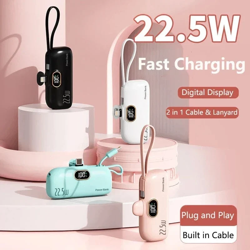 Tragbare Mini-Powerbank Typ C-Stecker Eingebautes Kabel 22.5 W Schnellladung für iPhone Samsung Xiaomi Externer Akku