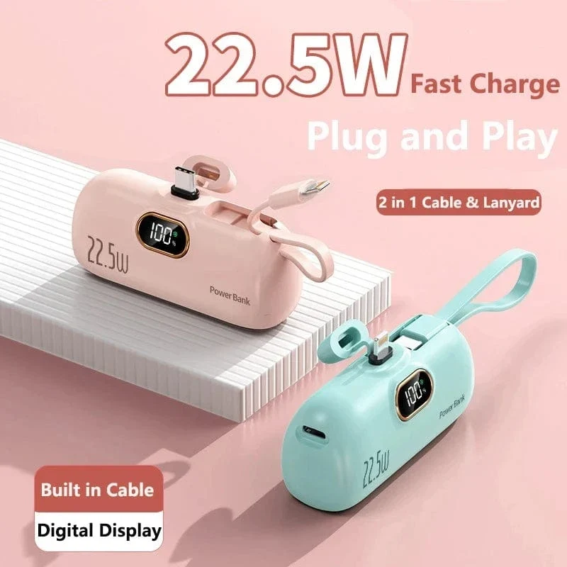 Tragbare Mini-Powerbank Typ C-Stecker Eingebautes Kabel 22.5 W Schnellladung für iPhone Samsung Xiaomi Externer Akku