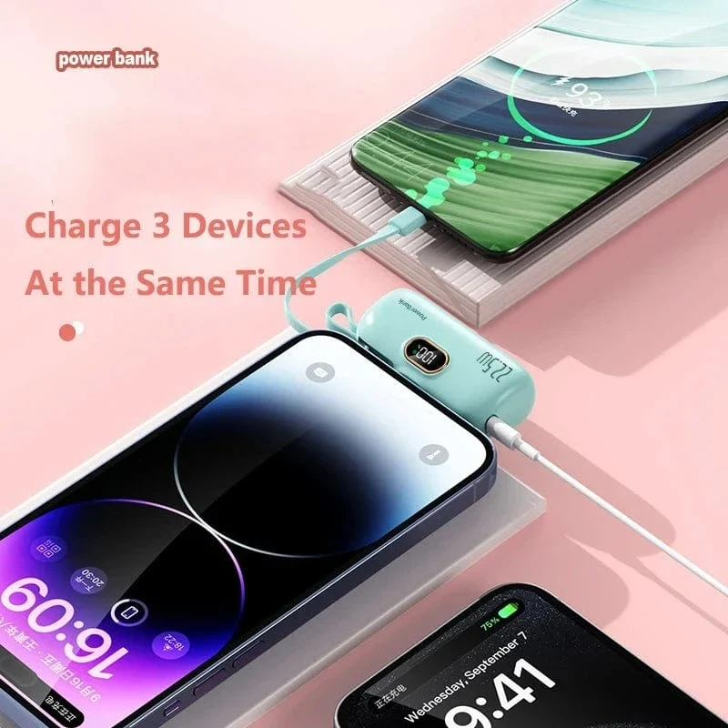 Tragbare Mini-Powerbank Typ C-Stecker Eingebautes Kabel 22.5 W Schnellladung für iPhone Samsung Xiaomi Externer Akku