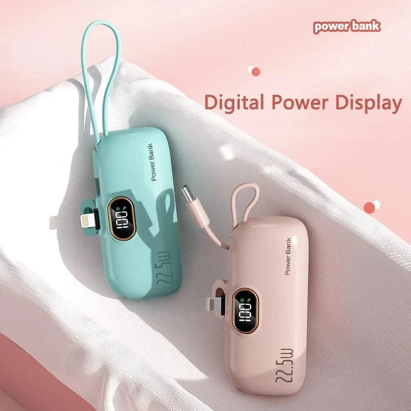 Tragbare Mini-Powerbank Typ C-Stecker Eingebautes Kabel 22.5 W Schnellladung für iPhone Samsung Xiaomi Externer Akku