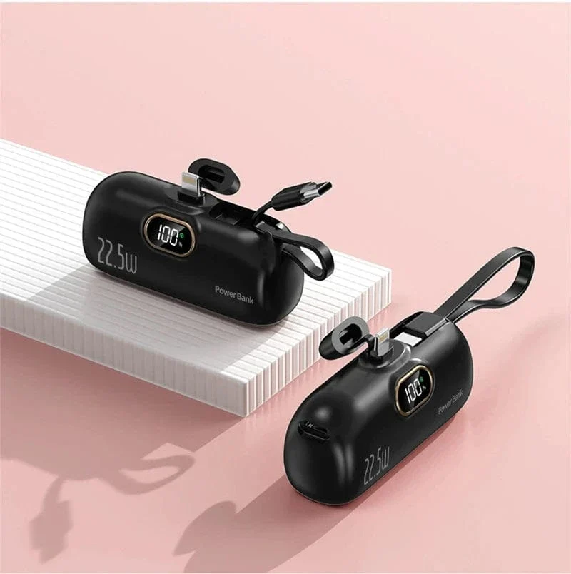 Tragbare Mini-Powerbank Typ C-Stecker Eingebautes Kabel 22.5 W Schnellladung für iPhone Samsung Xiaomi Externer Akku