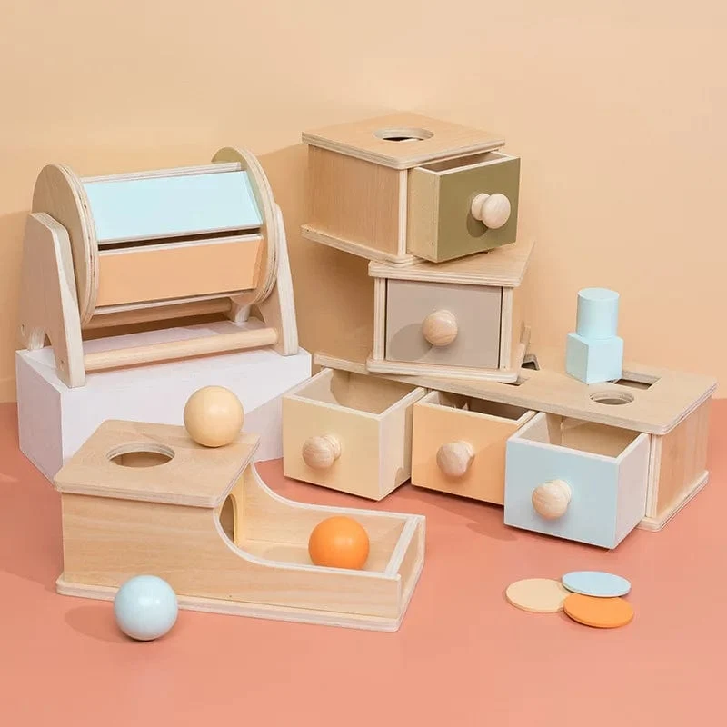 Neue Montessori-Münzbox mit Makronen-Farbspinntrommel und Streichholzschachtel, Dauerbox, runde, rechteckige Box, sensorisches Kinderspielzeug für Babys
