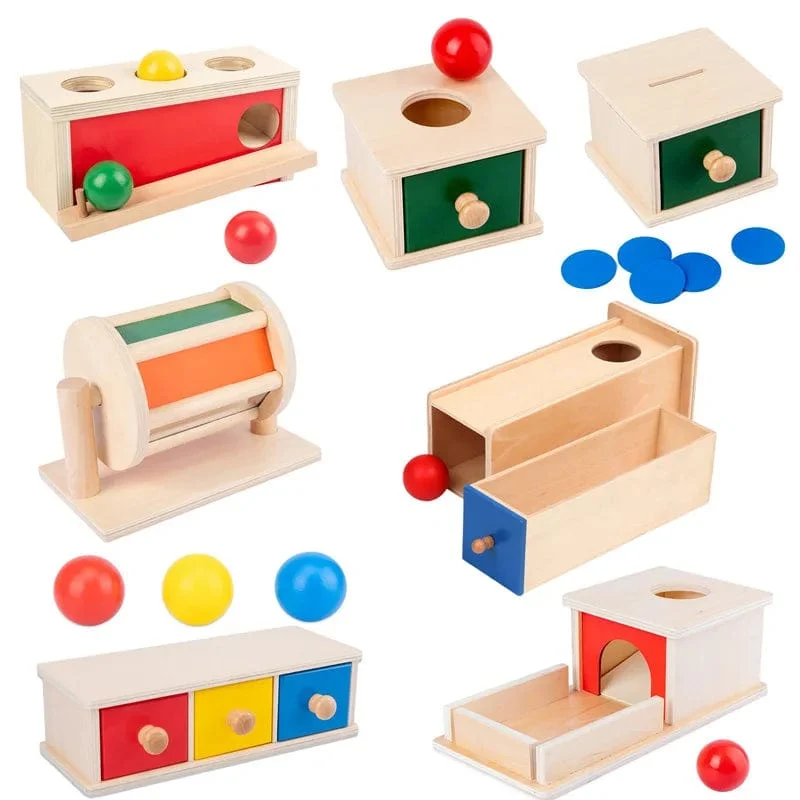 Neue Montessori-Münzbox mit Makronen-Farbspinntrommel und Streichholzschachtel, Dauerbox, runde, rechteckige Box, sensorisches Kinderspielzeug für Babys
