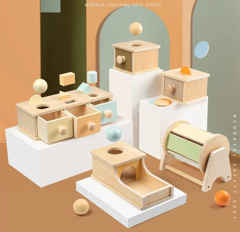 Neue Montessori-Münzbox mit Makronen-Farbspinntrommel und Streichholzschachtel, Dauerbox, runde, rechteckige Box, sensorisches Kinderspielzeug für Babys