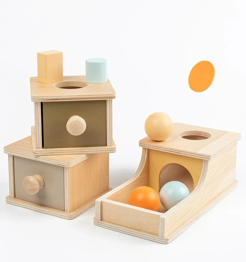 Neue Montessori-Münzbox mit Makronen-Farbspinntrommel und Streichholzschachtel, Dauerbox, runde, rechteckige Box, sensorisches Kinderspielzeug für Babys