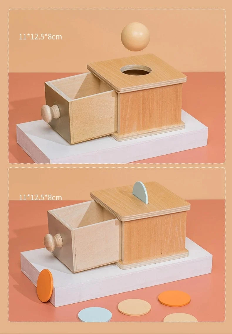Neue Montessori-Münzbox mit Makronen-Farbspinntrommel und Streichholzschachtel, Dauerbox, runde, rechteckige Box, sensorisches Kinderspielzeug für Babys