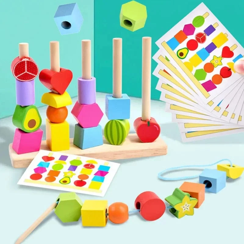 Montessori-Holzspielzeug, Stapelblöcke, Puzzlespiel, bunte Perlen, Obst, Farb- und Formabstimmung, frühes Lernspielzeug, Geschenk für Kinder