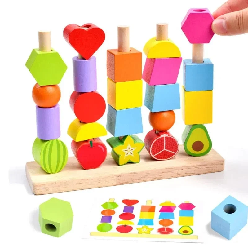 Montessori-Holzspielzeug, Stapelblöcke, Puzzlespiel, bunte Perlen, Obst, Farb- und Formabstimmung, frühes Lernspielzeug, Geschenk für Kinder