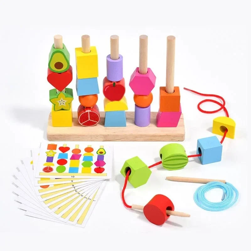 Montessori-Holzspielzeug, Stapelblöcke, Puzzlespiel, bunte Perlen, Obst, Farb- und Formabstimmung, frühes Lernspielzeug, Geschenk für Kinder