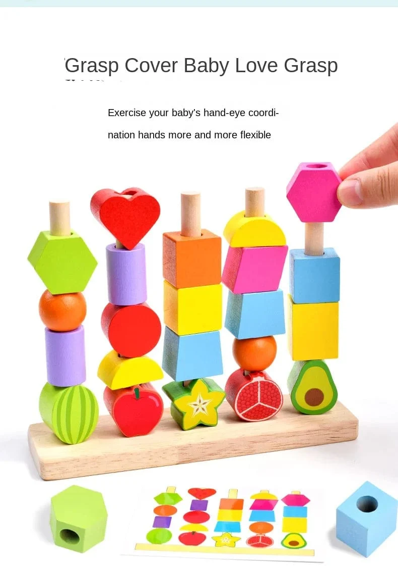 Montessori-Holzspielzeug, Stapelblöcke, Puzzlespiel, bunte Perlen, Obst, Farb- und Formabstimmung, frühes Lernspielzeug, Geschenk für Kinder