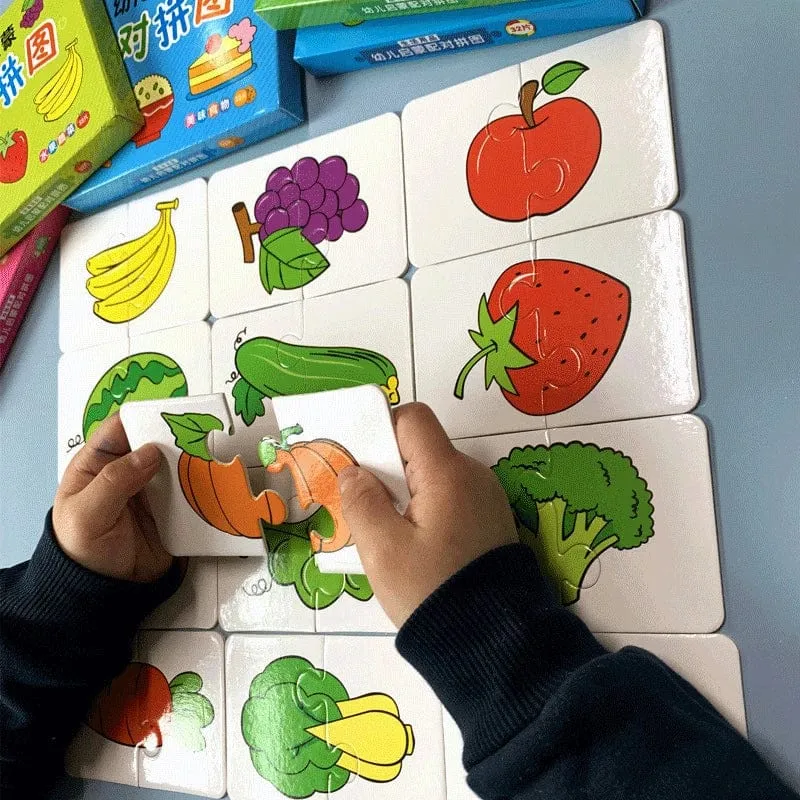 32-teiliges Kleinkind-Karten-Matching-Spiel Baby-Erkenntnis-Puzzle-Spielzeug Montessori-Lernspielzeug Cartoon-Fahrzeug-Obst-Puzzle-Spiel