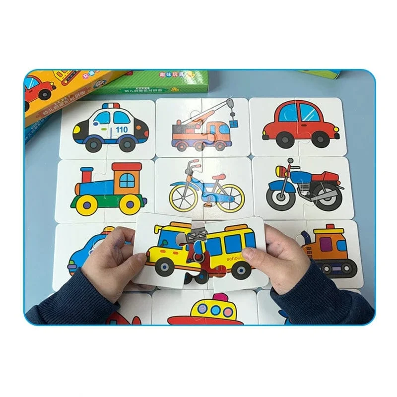 32-teiliges Kleinkind-Karten-Matching-Spiel Baby-Erkenntnis-Puzzle-Spielzeug Montessori-Lernspielzeug Cartoon-Fahrzeug-Obst-Puzzle-Spiel