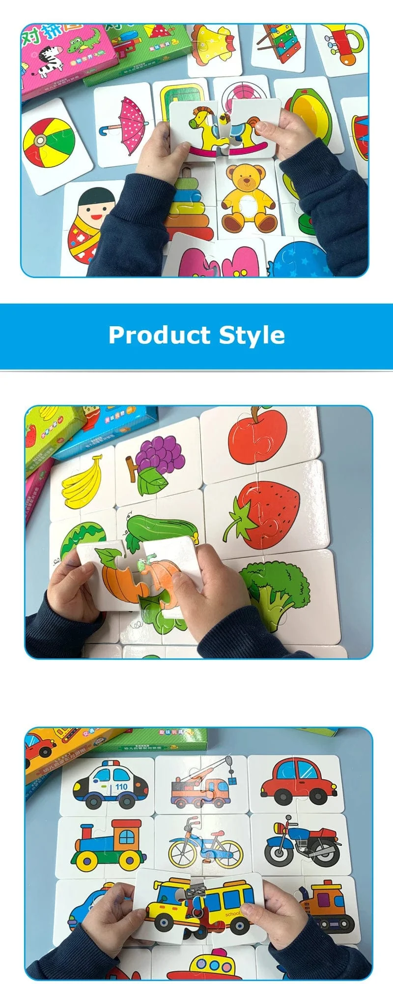32-teiliges Kleinkind-Karten-Matching-Spiel Baby-Erkenntnis-Puzzle-Spielzeug Montessori-Lernspielzeug Cartoon-Fahrzeug-Obst-Puzzle-Spiel