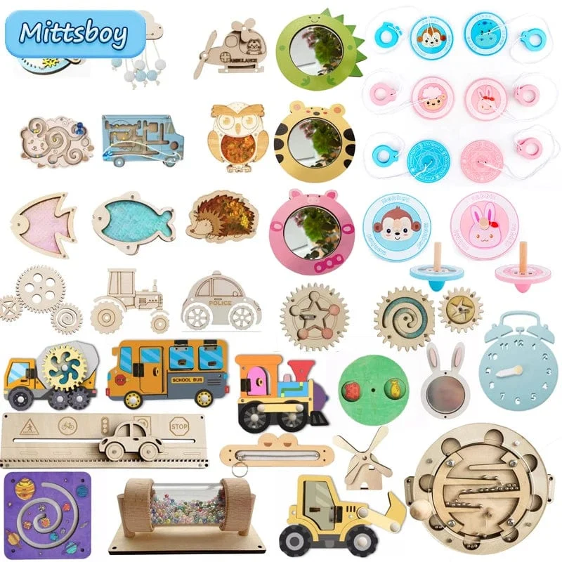 DIY Montessori Beschäftigt Bord Holz Zubehör Hand Gezogen Rad Getriebe Trommel Auto Bord Burg Früh Pädagogisches Spielzeug Für Childre Geschenk