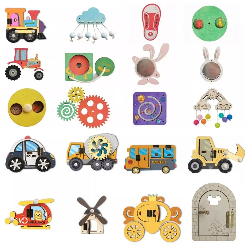 DIY Montessori Beschäftigt Bord Holz Zubehör Hand Gezogen Rad Getriebe Trommel Auto Bord Burg Früh Pädagogisches Spielzeug Für Childre Geschenk