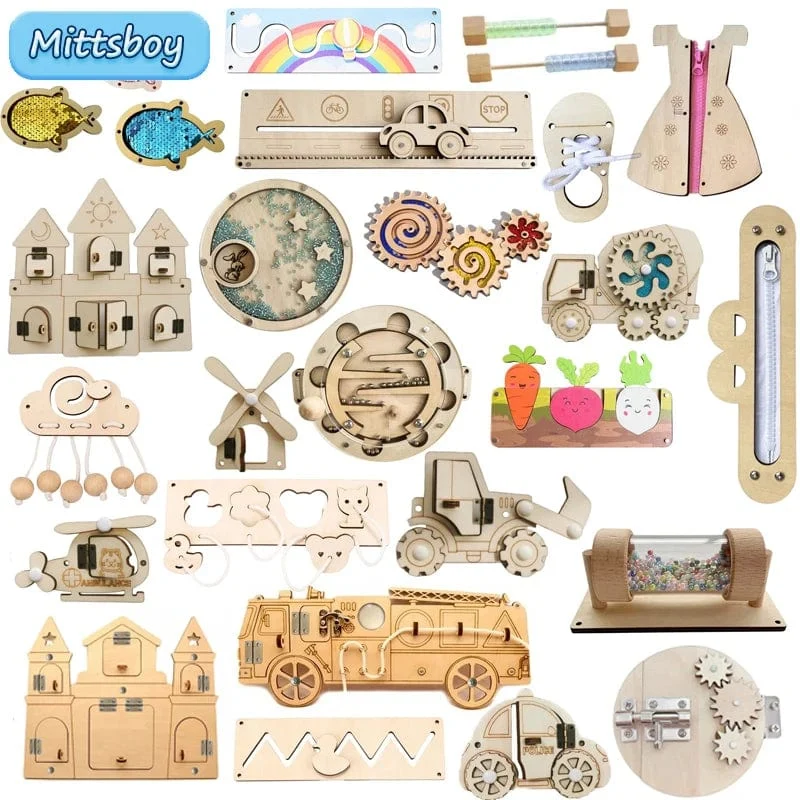 DIY Montessori Beschäftigt Bord Holz Zubehör Hand Gezogen Rad Getriebe Trommel Auto Bord Burg Früh Pädagogisches Spielzeug Für Childre Geschenk