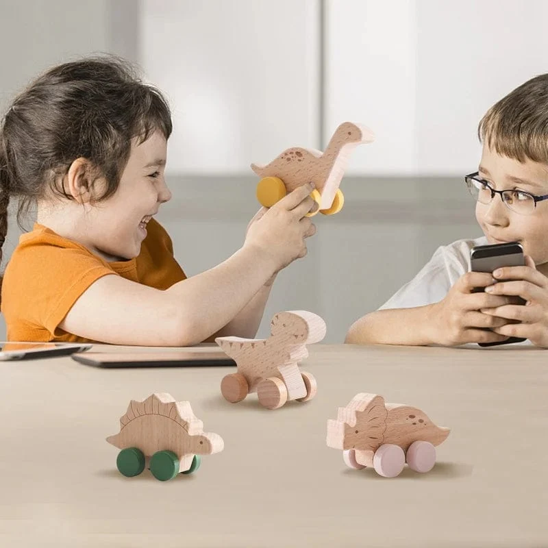 Holz Baby Auto Spielzeug Buche Holz Dinosaurier Cartoon Auto Beißring Pädagogisches Montessori Spielzeug Für Kinder Zahnen Baby Spielzeug