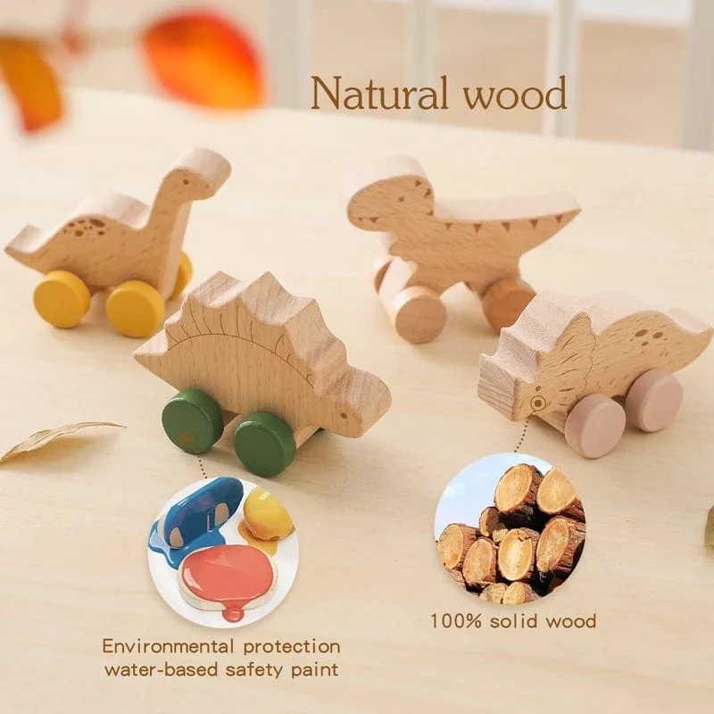 Holz Baby Auto Spielzeug Buche Holz Dinosaurier Cartoon Auto Beißring Pädagogisches Montessori Spielzeug Für Kinder Zahnen Baby Spielzeug