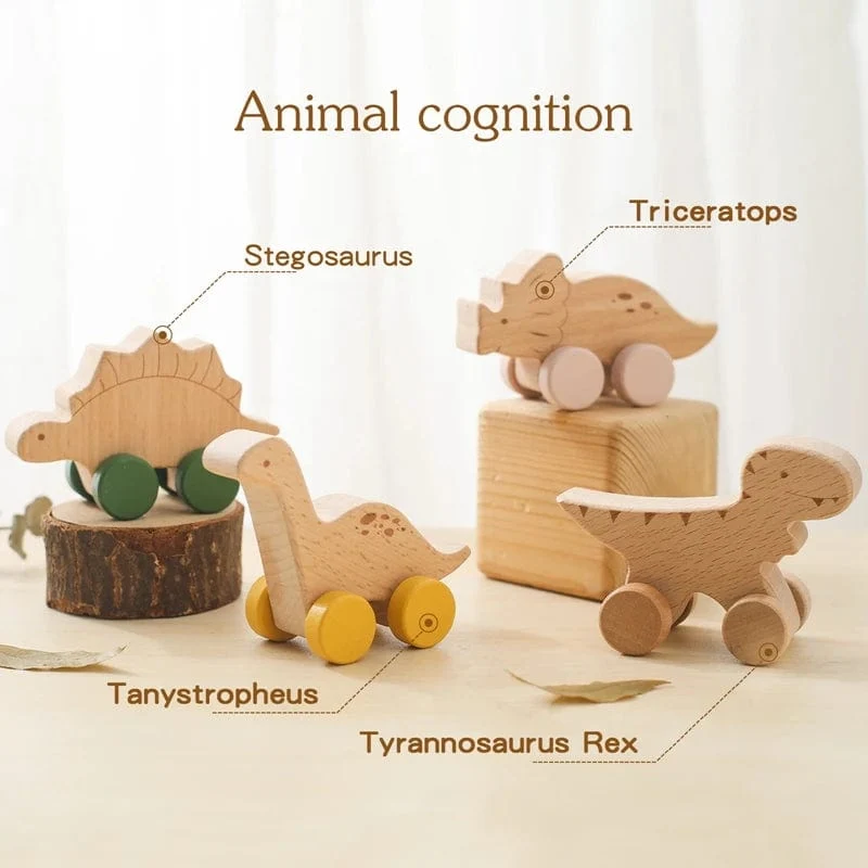 Holz Baby Auto Spielzeug Buche Holz Dinosaurier Cartoon Auto Beißring Pädagogisches Montessori Spielzeug Für Kinder Zahnen Baby Spielzeug