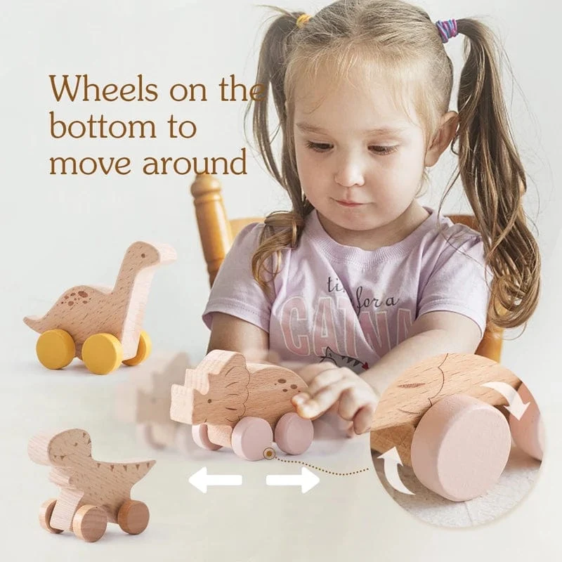 Holz Baby Auto Spielzeug Buche Holz Dinosaurier Cartoon Auto Beißring Pädagogisches Montessori Spielzeug Für Kinder Zahnen Baby Spielzeug