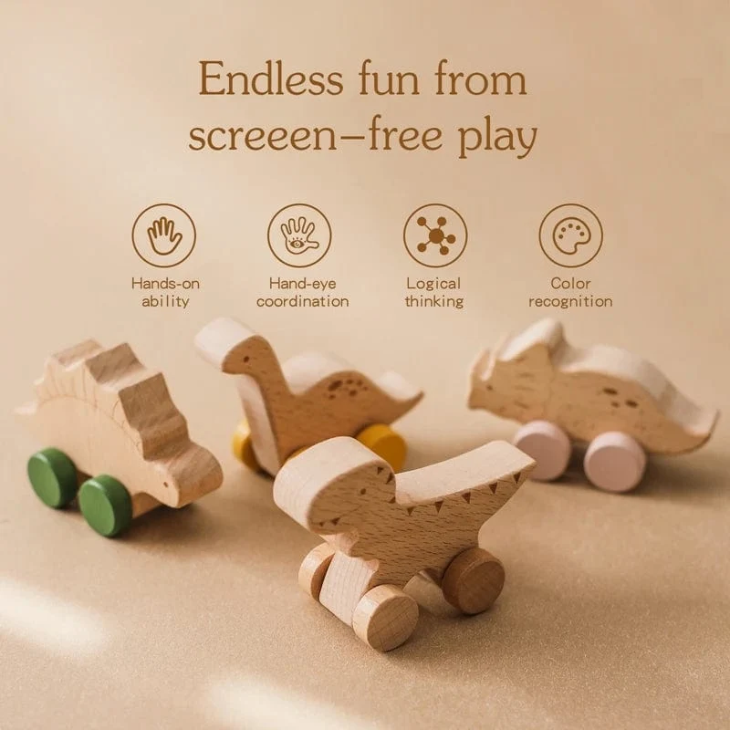 Holz Baby Auto Spielzeug Buche Holz Dinosaurier Cartoon Auto Beißring Pädagogisches Montessori Spielzeug Für Kinder Zahnen Baby Spielzeug